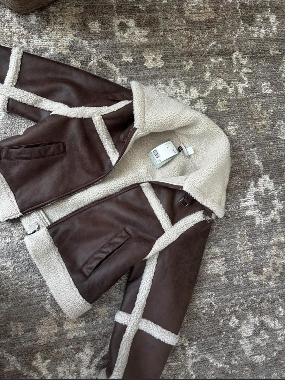H&M Brown Faux Leather Teddy Jacket with Cream Sherpa Trim